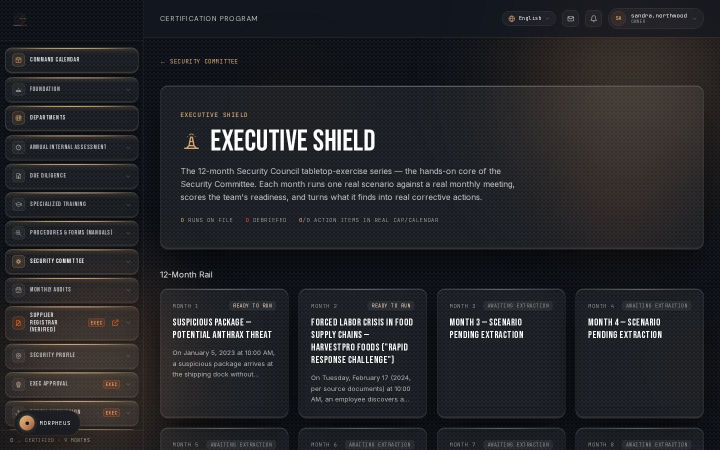 Executive Shield tabletop exercise rail inside CommandCenter, for Northwind Foods Inc.