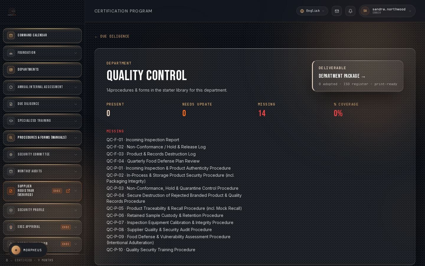The Quality Control procedures and forms checklist inside CommandCenter, for Northwind Foods Inc.