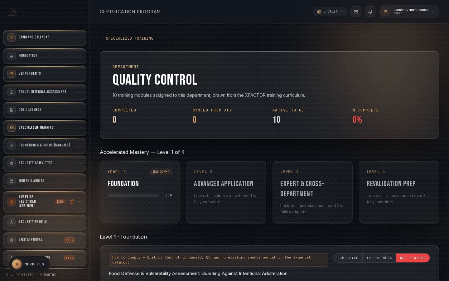 The Quality Control training curriculum inside CommandCenter, for Northwind Foods Inc.