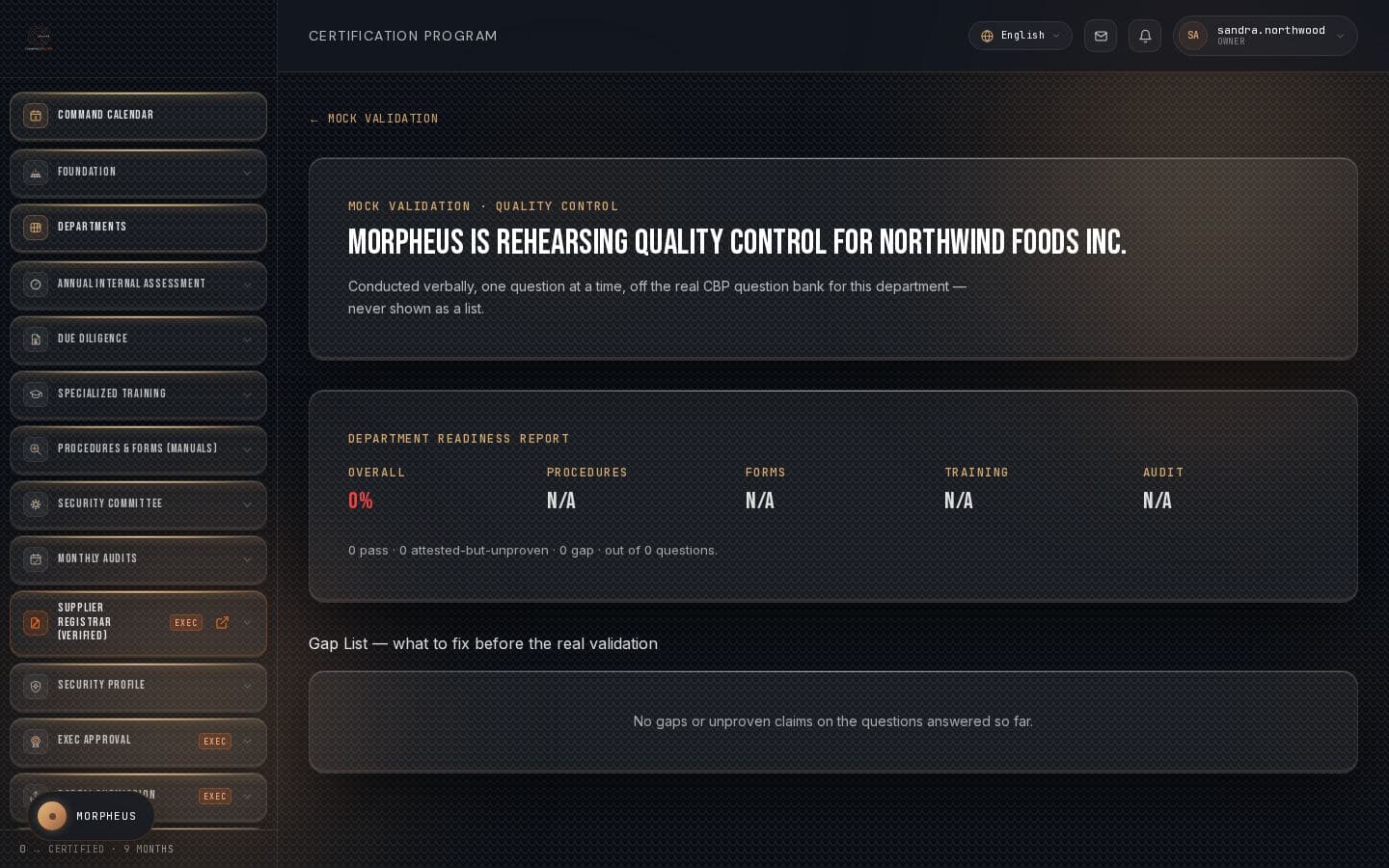 Morpheus rehearsing the Quality Control mock validation for Northwind Foods Inc. inside CommandCenter