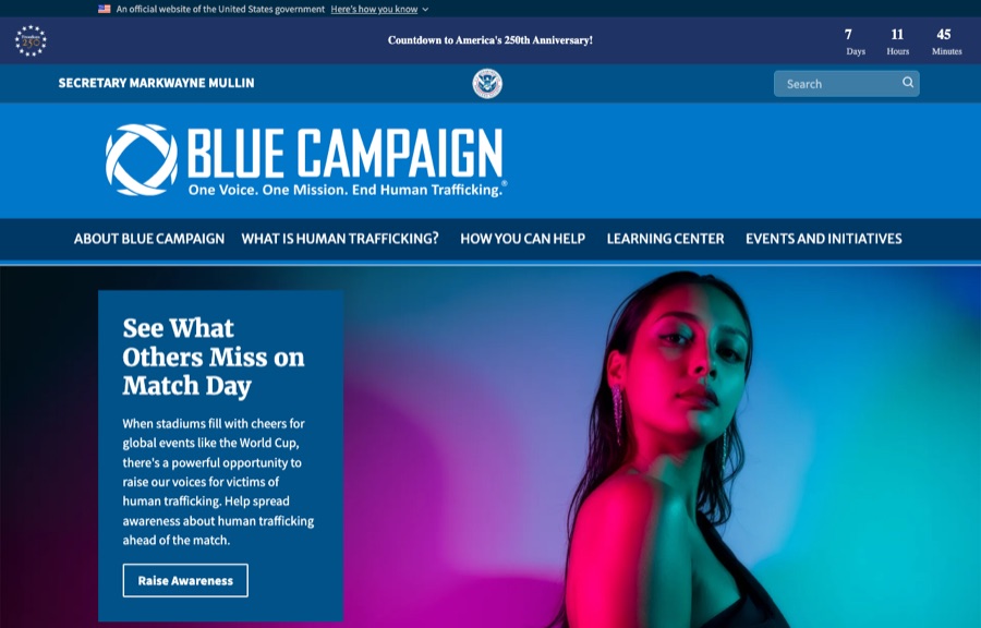 Screenshot of the U.S. Department of Homeland Security Blue Campaign home page — One Voice. One Mission. End Human Trafficking