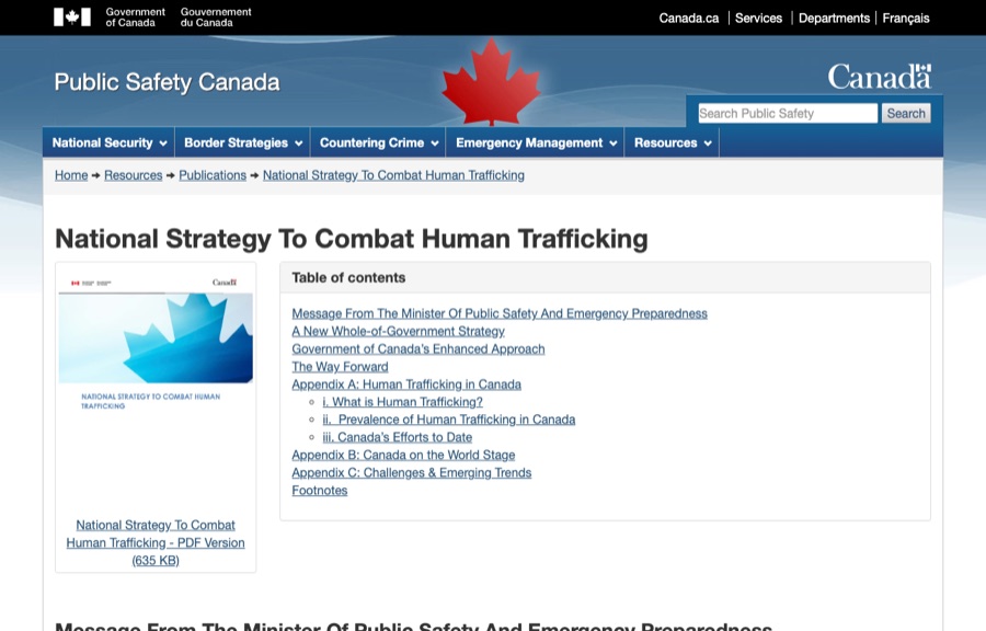 Screenshot of the Public Safety Canada page for the National Strategy to Combat Human Trafficking