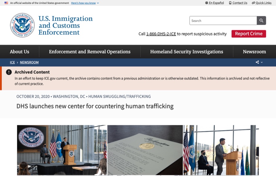 Screenshot of the U.S. Immigration and Customs Enforcement (ICE) news release announcing the DHS Center for Countering Human Trafficking