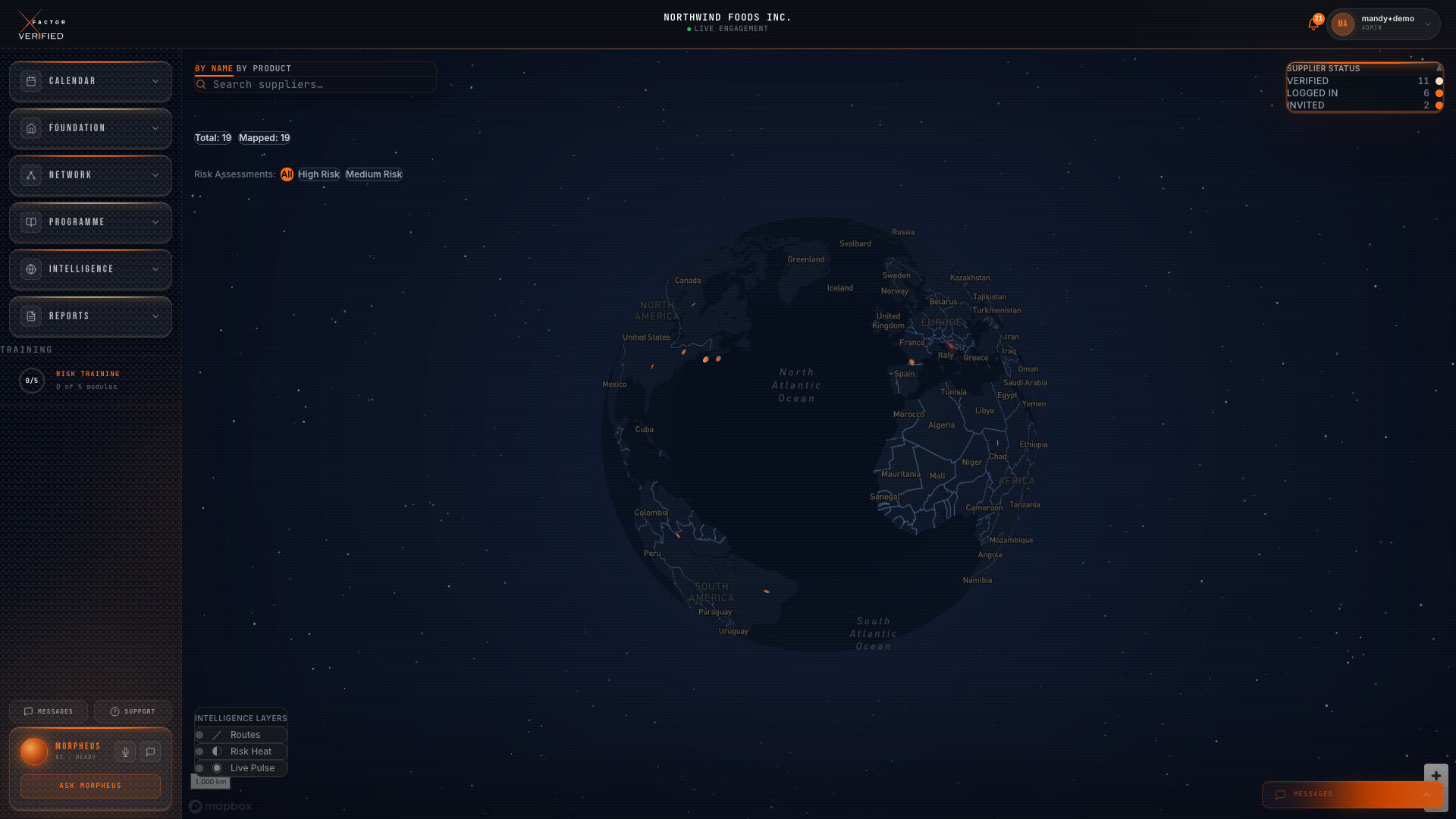 XFACTOR VERIFIED partner map: every carrier, broker, and warehouse geo-pinned by risk on a live globe