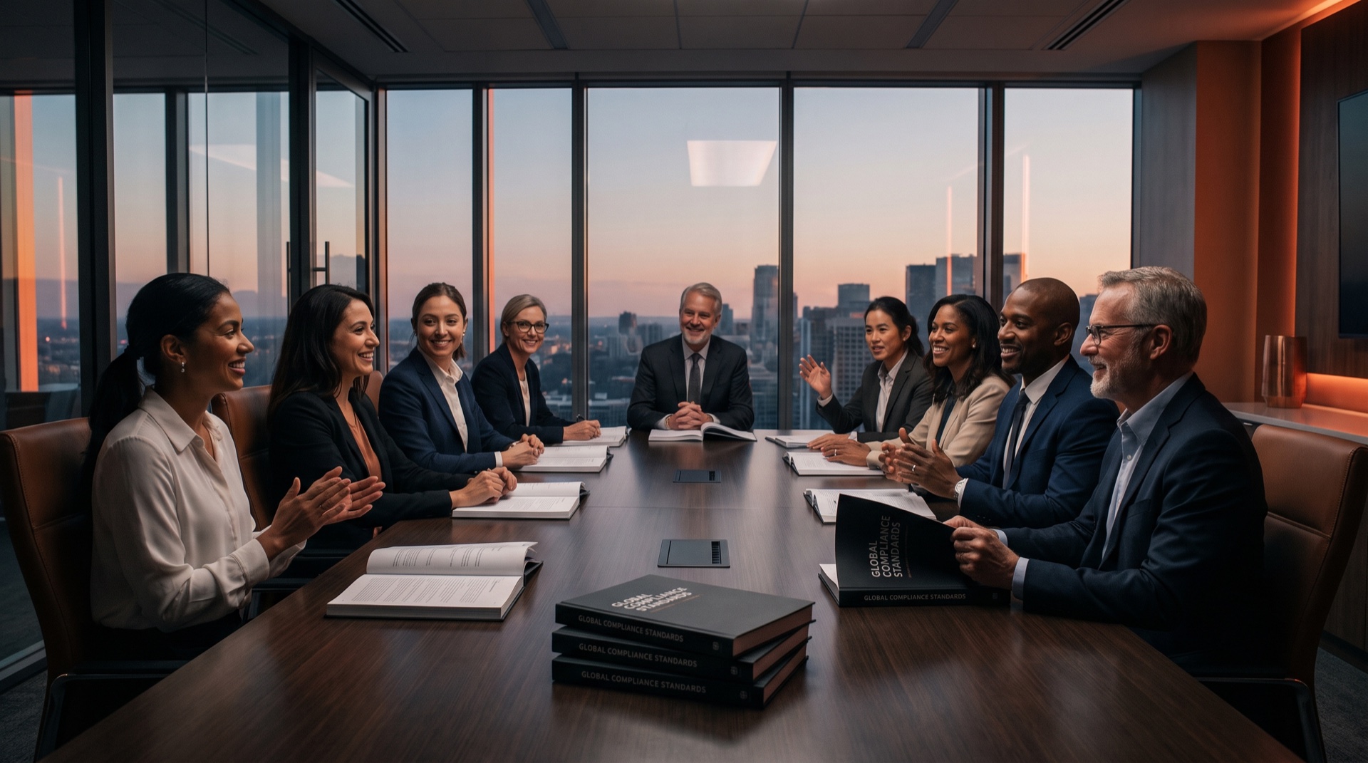 A boardroom of eight department directors reviewing the How to Comply Series manuals together