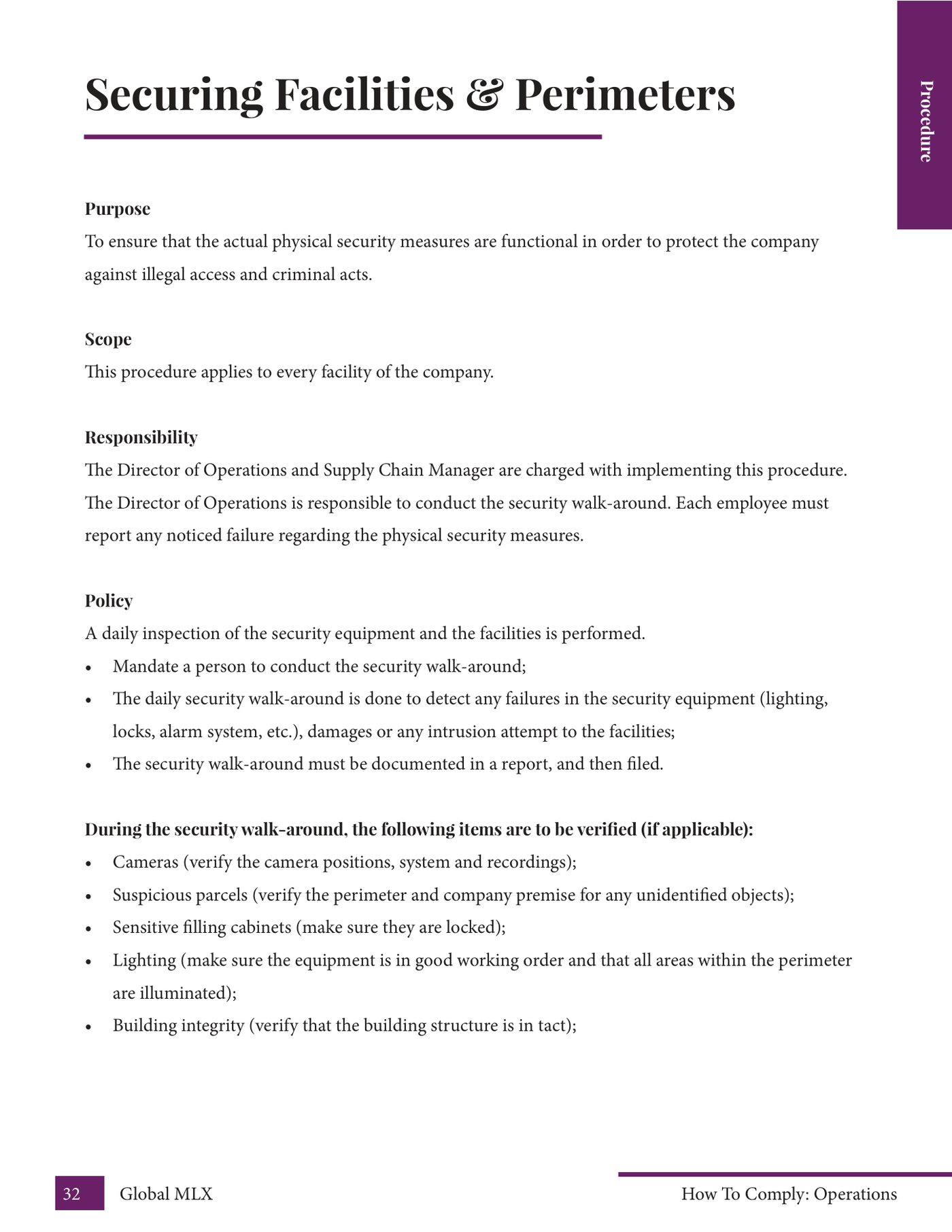 Interior page from the operations manual — department compliance procedures and forms