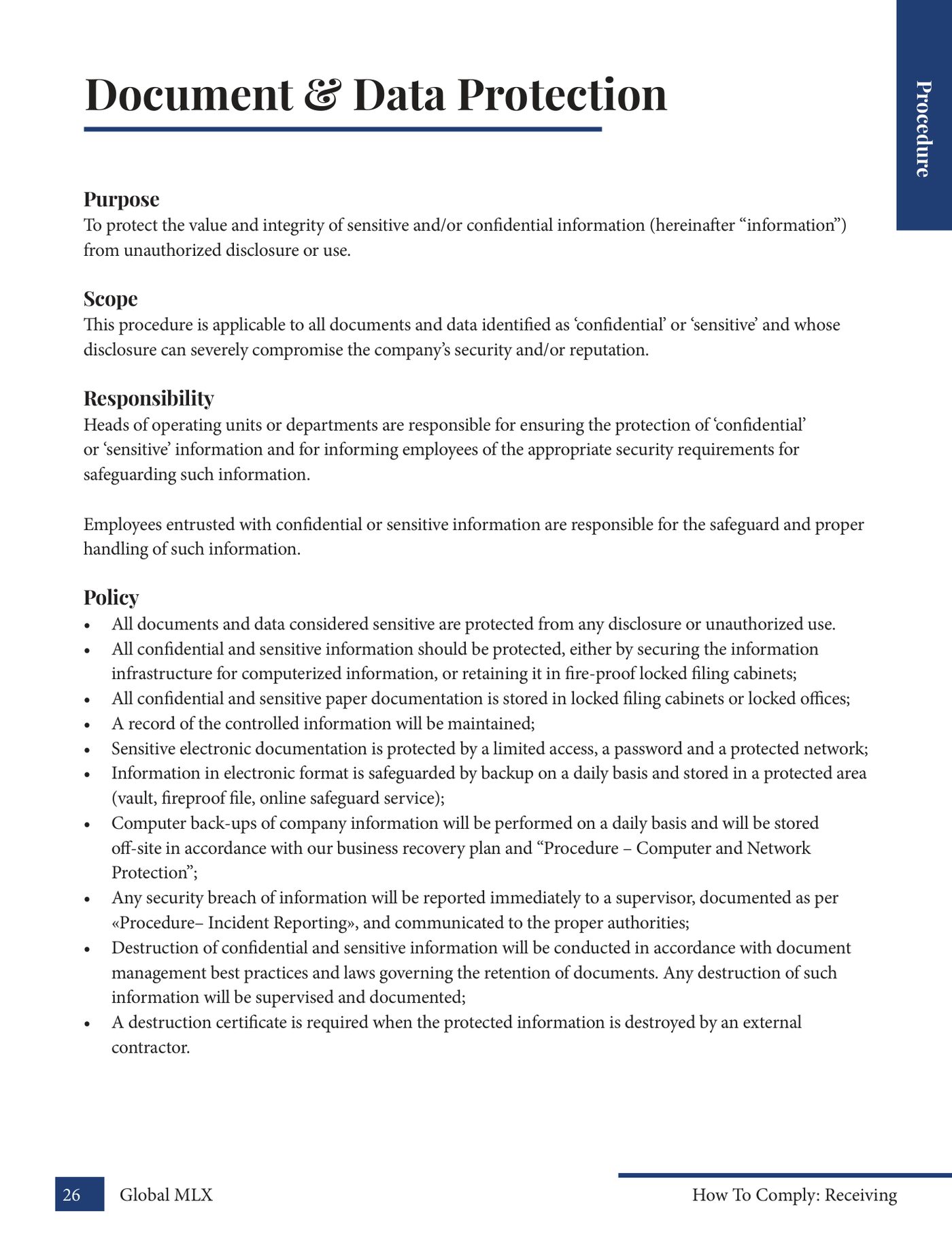 Interior page from the receiving manual — department compliance procedures and forms